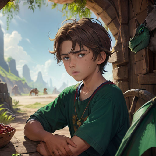 a boy sitting on a bench in a fantasy setting with a bowl of fruit in front of him and a dragon in the background
