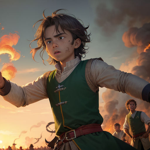 a boy in a green dress holding a fire ball in his hand and a group of other people in the background