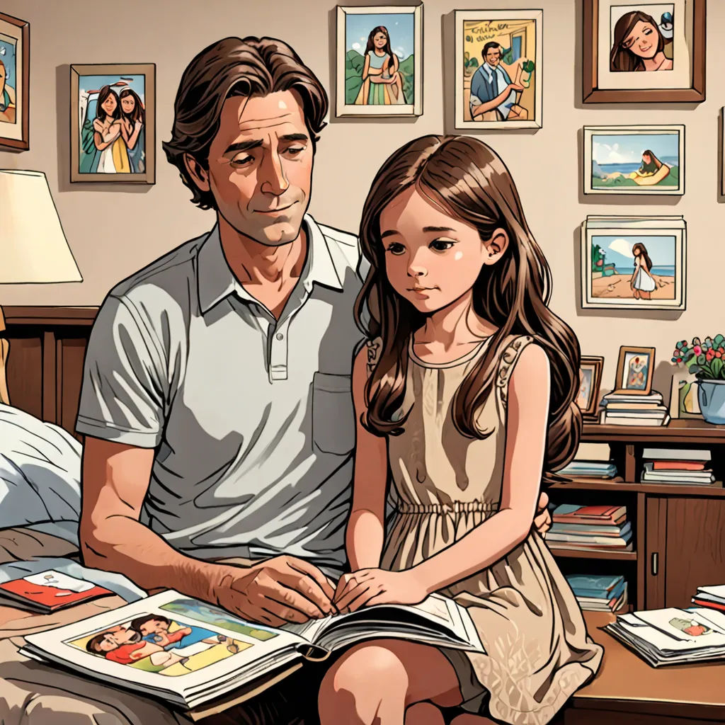 a man and a little girl sitting on a bed reading a book together in a bedroom with pictures on the wall, american realism, a comic book panel, Cliff Childs, graphic novel