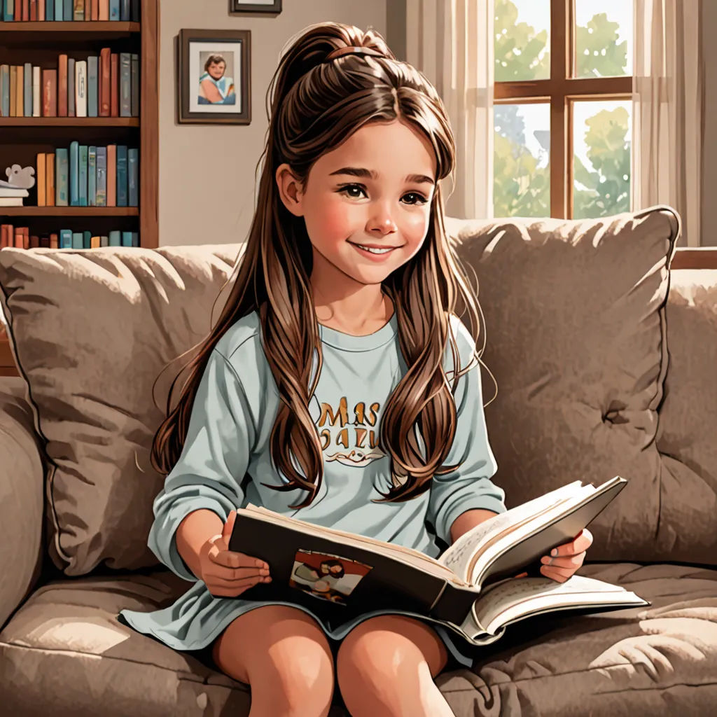 a painting of a girl sitting on a couch reading a book and smiling at the camera with a book in her hands, hyperrealism, a storybook illustration, Bob Byerley, storybook illustration