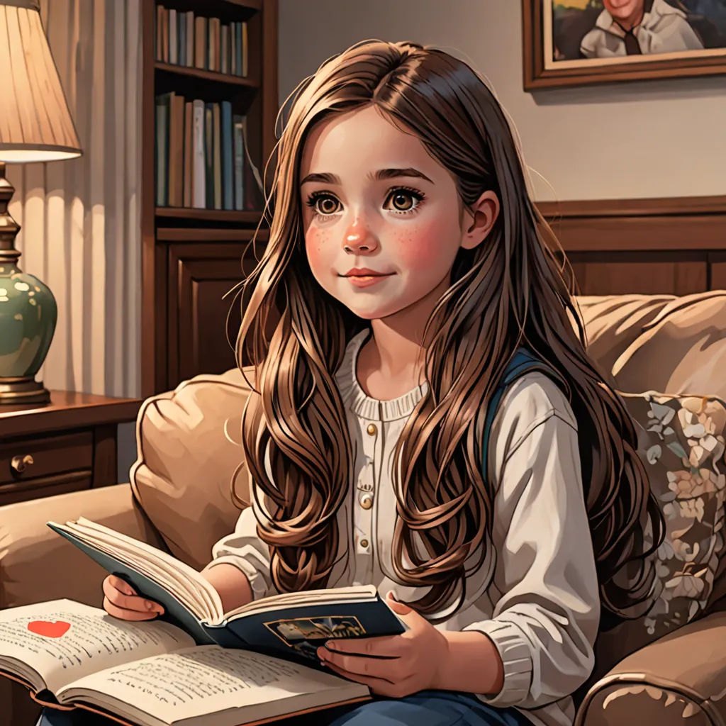 a girl sitting on a couch reading a book in a living room with a lamp on the side of the couch, fantasy art, a storybook illustration, Artgerm, storybook illustration