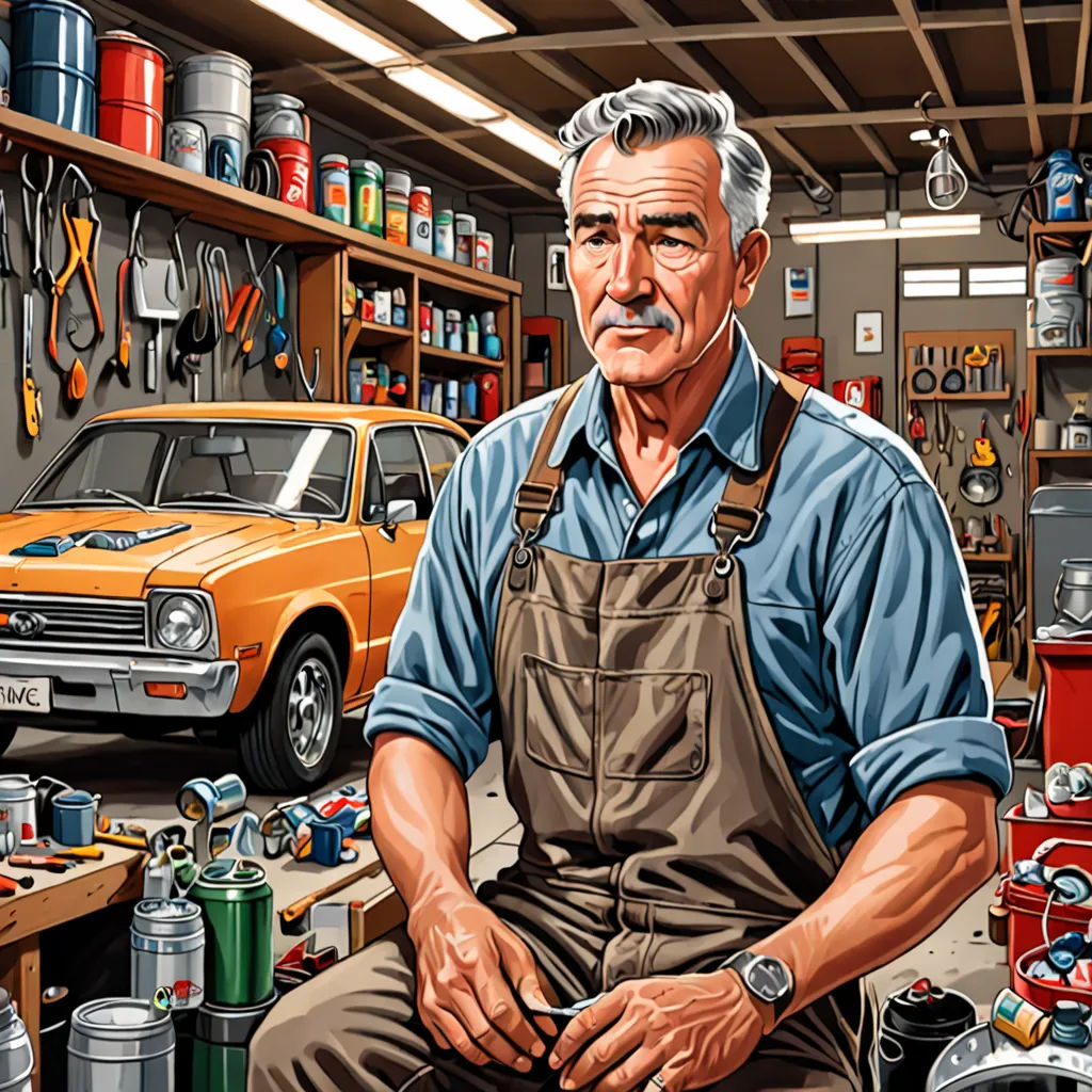 a man sitting in a garage with a car in the background and a lot of tools on the floor, american realism, computer graphics, Donald Roller Wilson, highly detailed digital painting