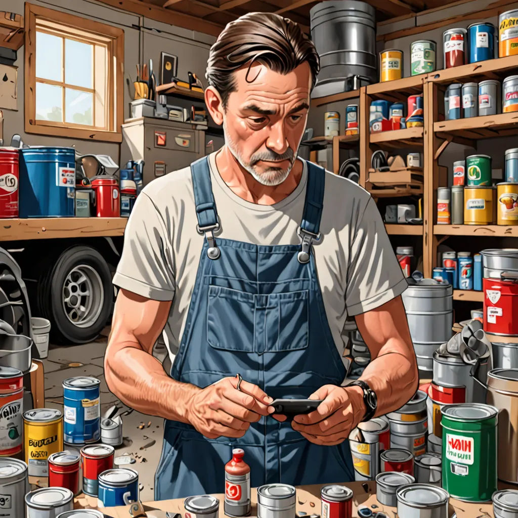 a man in a garage looking at a cell phone in his hands and surrounded by cans of paint and cans of paint, hyperrealism, an ultrafine detailed painting, F. Scott Hess, highly detailed digital painting