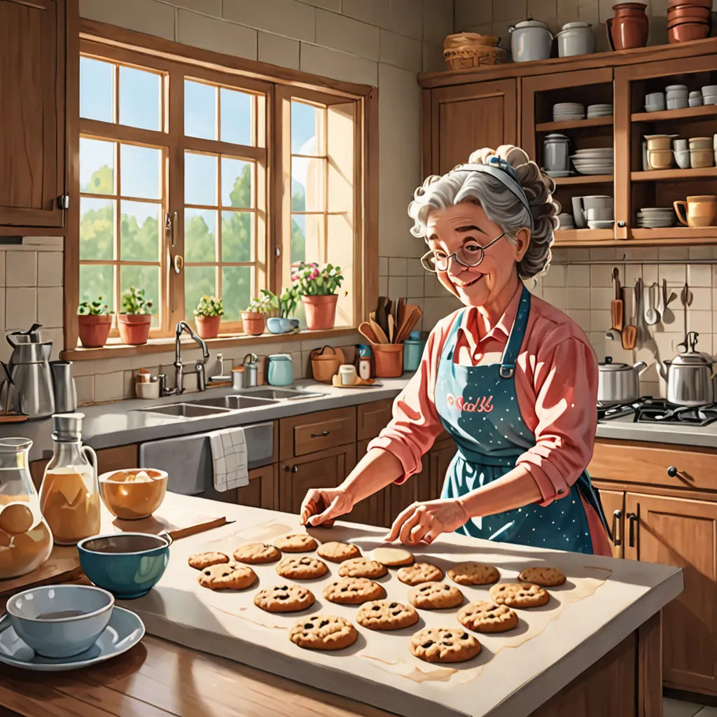 a woman in a kitchen making cookies on a counter top with a tray of cookies on the counter and a bowl of tea, american scene painting, a storybook illustration, Chris LaBrooy, highly detailed digital painting