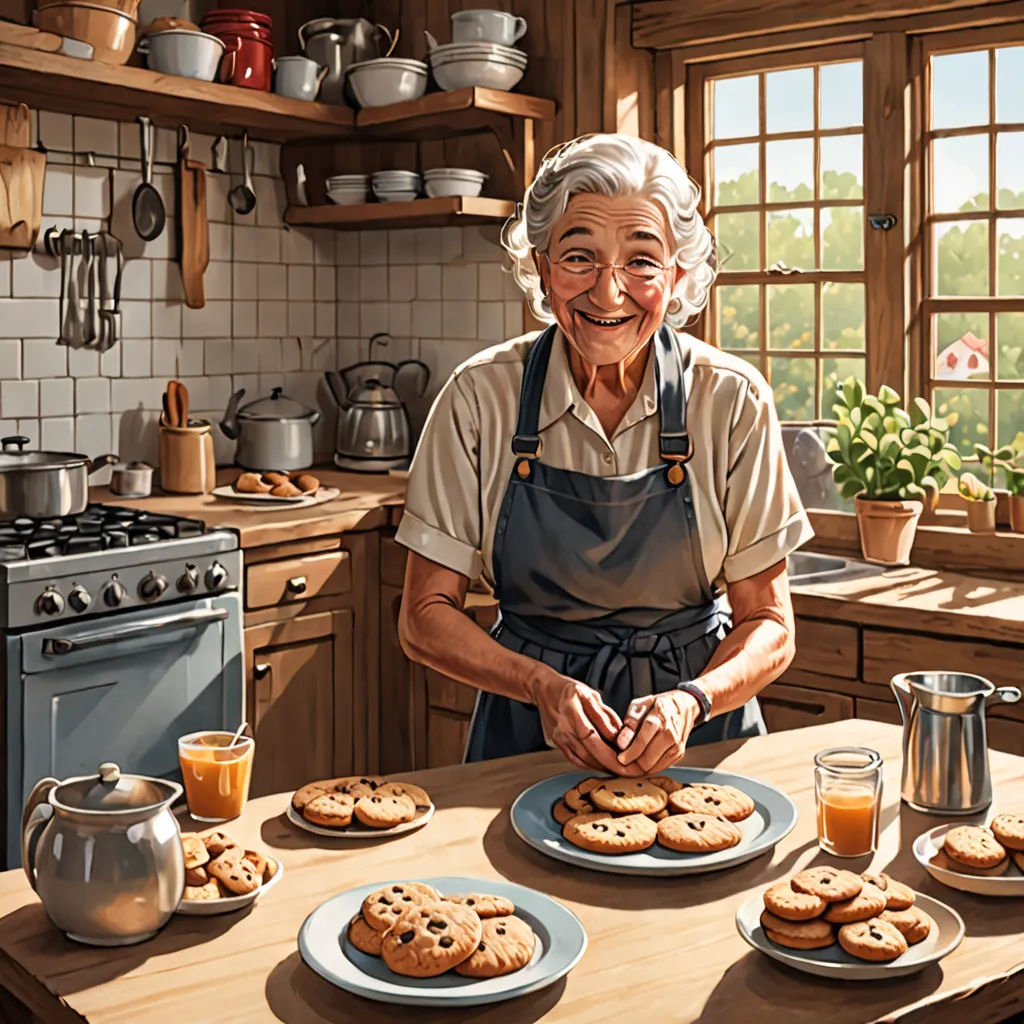 a painting of a woman making cookies in a kitchen with a table full of cookies and cups of coffee, photorealism, a storybook illustration, Bob Byerley, highly detailed digital painting