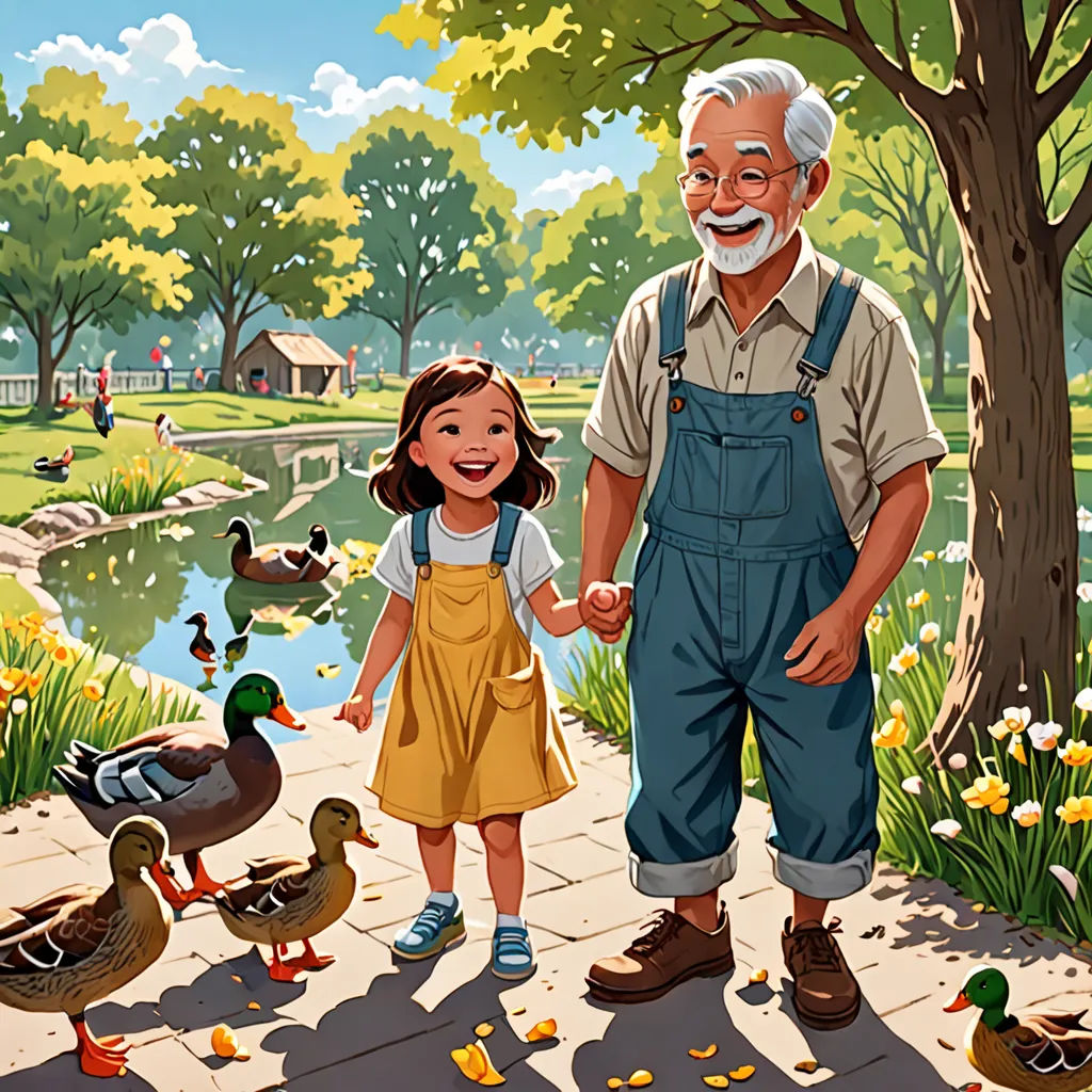 a man and a little girl standing next to ducks and ducks in a park with a pond and a man holding a duck's hand, american scene painting, a storybook illustration, David Park, official art