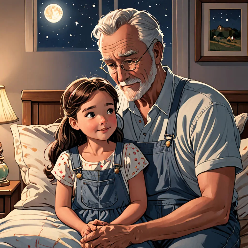 a man and a little girl sitting on a bed in a room with a window and a night sky, american realism, a storybook illustration, Cliff Childs, storybook illustration