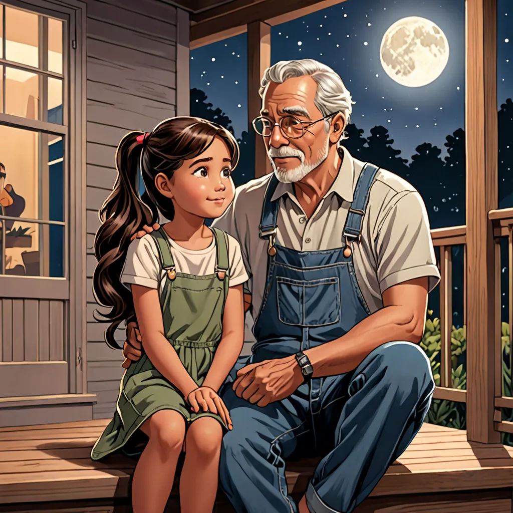 a man and a little girl sitting on a porch with a full moon in the background and a man holding a girl's hand, precisionism, a storybook illustration, Cliff Childs, official art