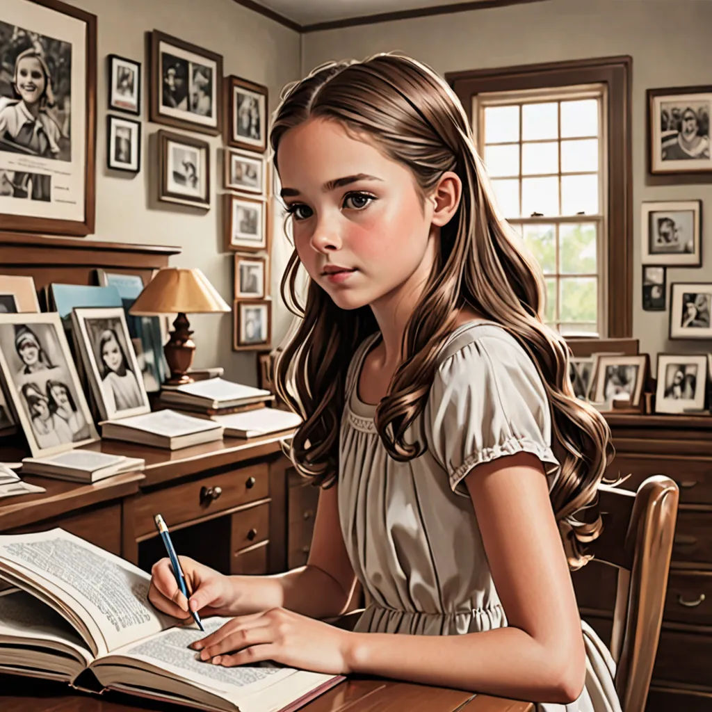 a girl sitting at a desk with a book and pen in her hand and a picture of a man on the wall, figurative art, a photorealistic painting, Bob Byerley, highly detailed digital painting