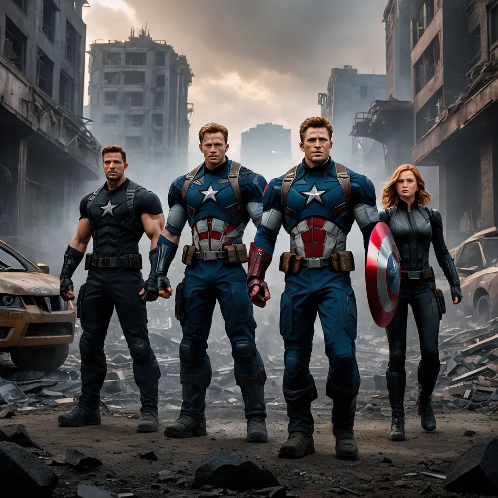 a group of avengers characters standing in a destroyed city street with a car in the background and a building in the background, antipodeans, a poster, Americo Makk, marvel comics