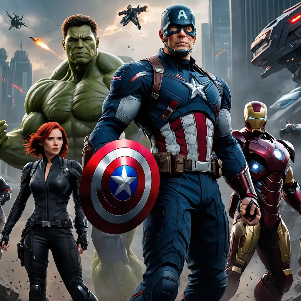 a group of avengers characters standing in front of a city skyline with a hulk and captain america logo on it, assemblage, a poster, Americo Makk, marvel comics
