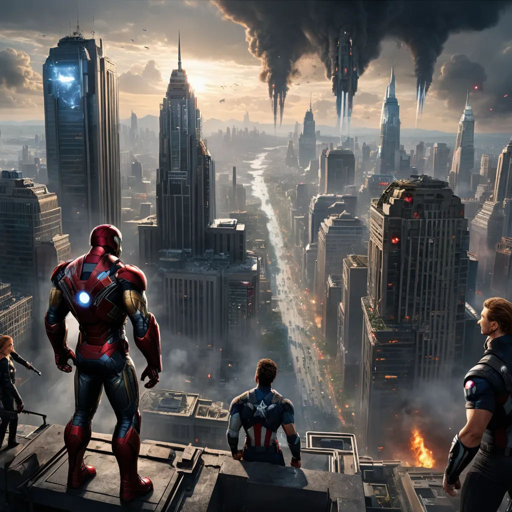 a group of avengers characters standing on top of a building in a city with smoke pouring out of the sky, photorealism, a detailed matte painting, Chris LaBrooy, marvel comics