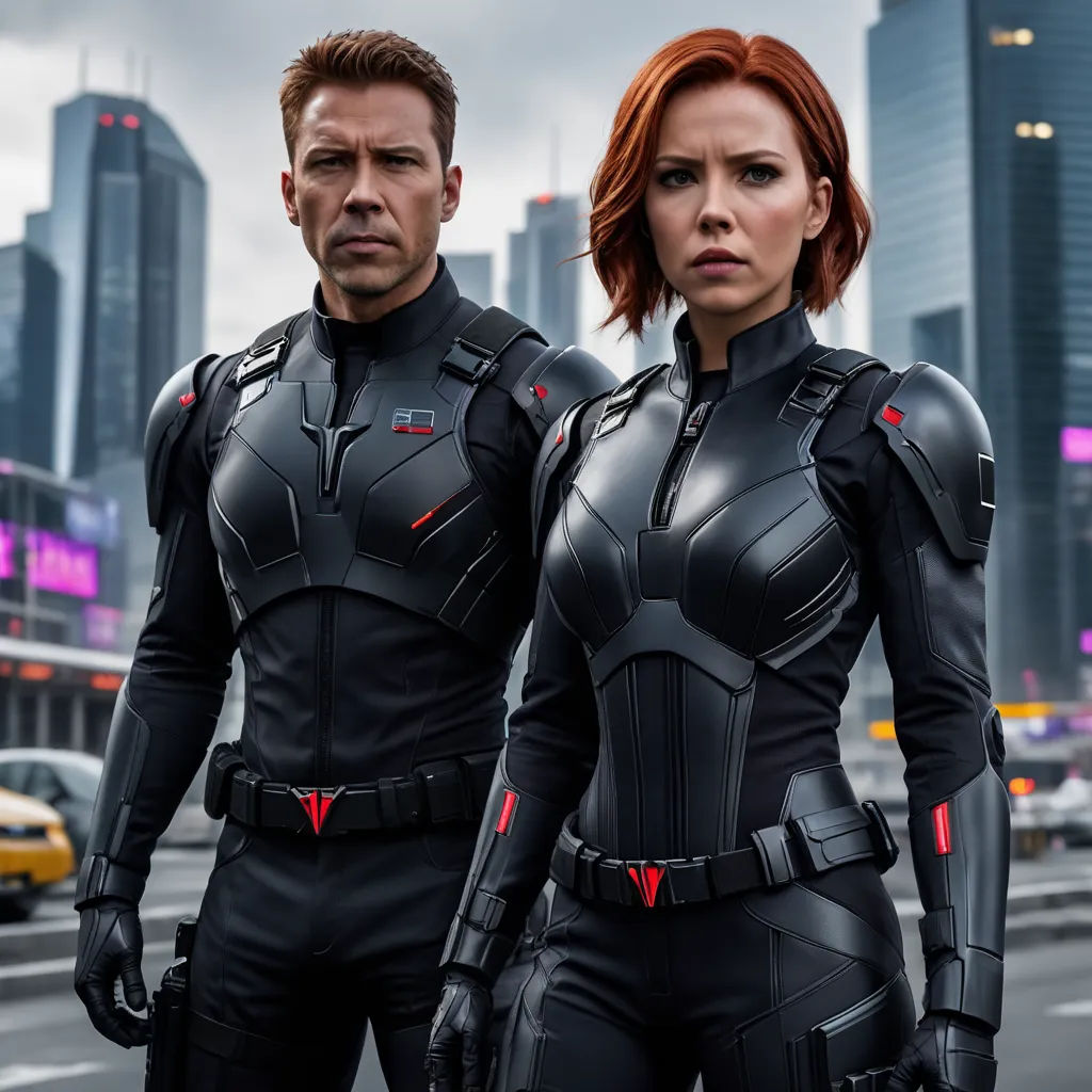 a man and a woman in black suits standing next to each other in a city street with tall buildings, antipodeans, a comic book panel, Avgust Černigoj, vfx