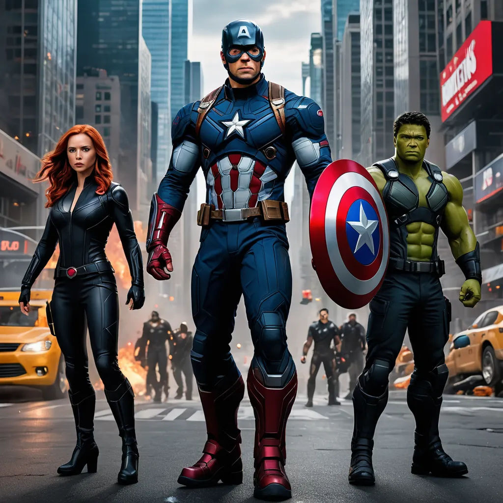 a group of avengers characters standing in the street with a city background in the background, with a man in the foreground, antipodeans, a poster, Americo Makk, marvel comics