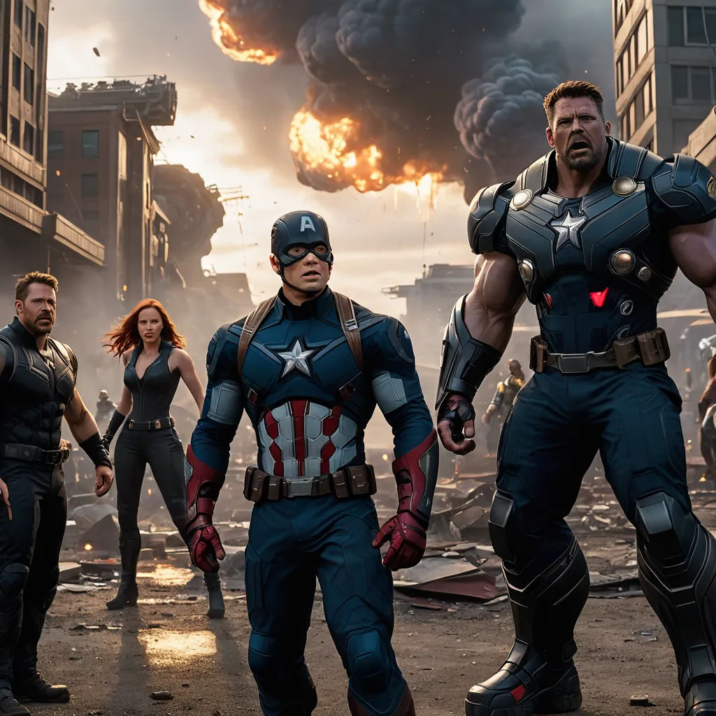 a group of avengers characters standing in front of a fire and smoke filled city skyline with buildings in the background, antipodeans, a comic book panel, Avgust Černigoj, marvel comics