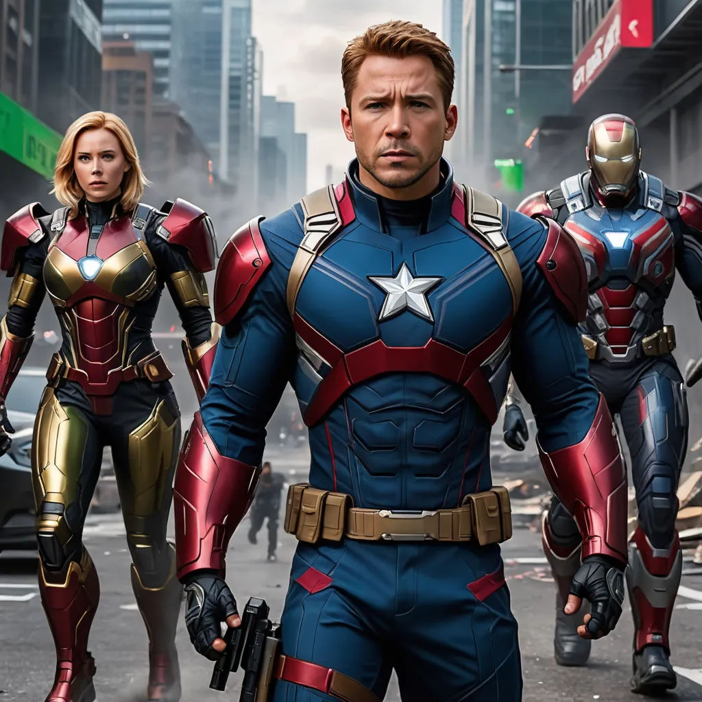 a group of avengers characters walking down a street in front of a city skyline with tall buildings and tall buildings, antipodeans, a comic book panel, Avgust Černigoj, imax 70 mm footage