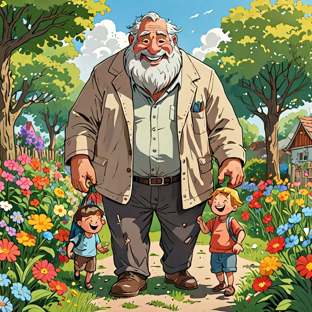 a man and two children walking through a garden with flowers and trees in the background, and a house in the background, Cliff Childs, fantasy art, a storybook illustration, storybook illustration