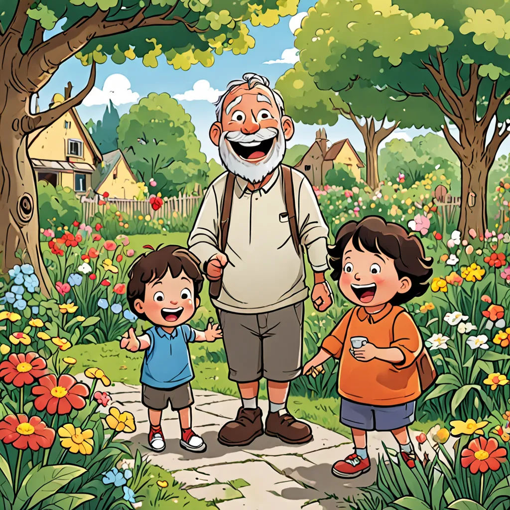 a man and two children are standing in a garden with flowers and trees and a house in the background, Eric de Kolb, sots art, a storybook illustration, promotional image