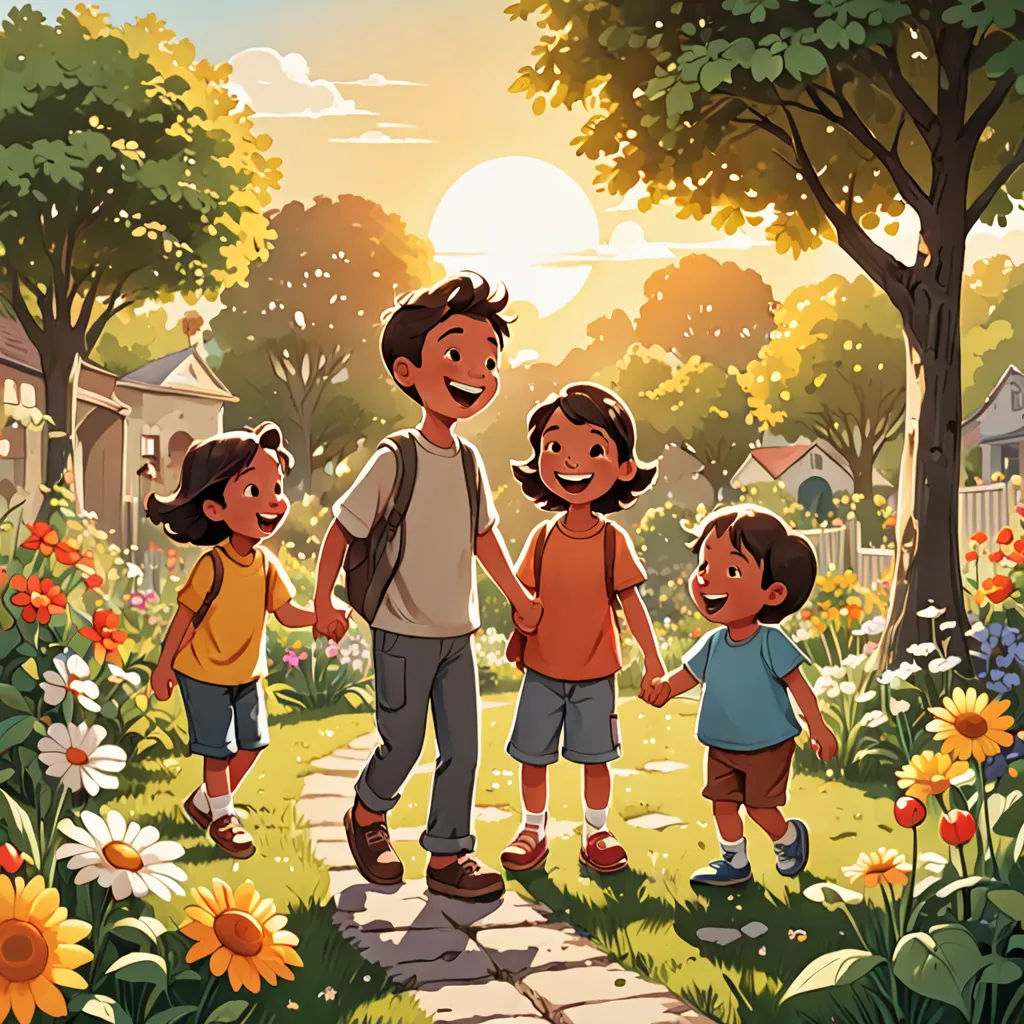 a group of children walking through a park with a man holding hands with a woman and two children holding hands, Chris LaBrooy, vancouver school, a storybook illustration, official art
