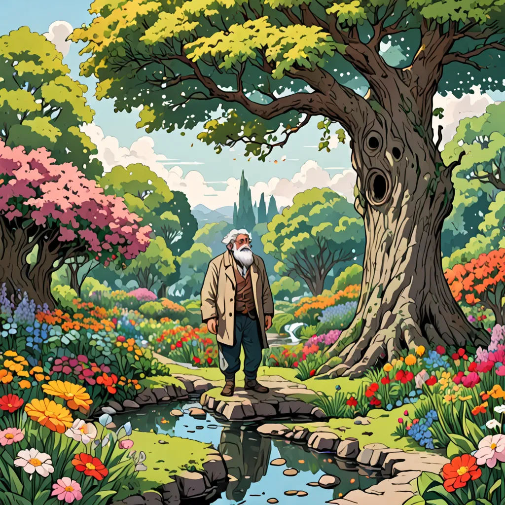 a man walking down a path through a forest filled with flowers and trees, with a river running through it, Dan Mumford, fantasy art, a storybook illustration, josan gonzales and dan mumford
