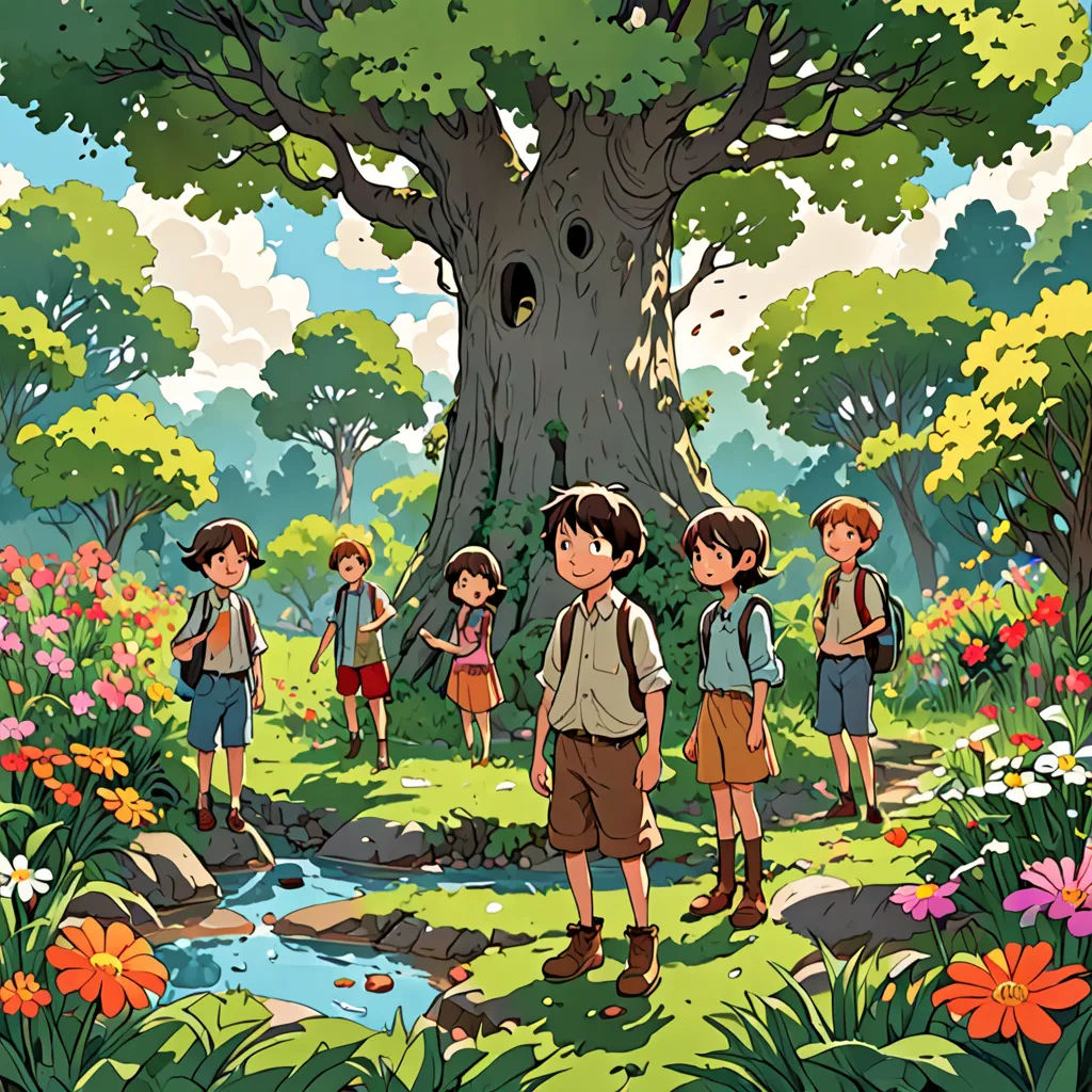 a group of children standing in front of a tree in a forest with flowers and a birdhouse in the background, Diego Gisbert Llorens, environmental art, a storybook illustration, official art