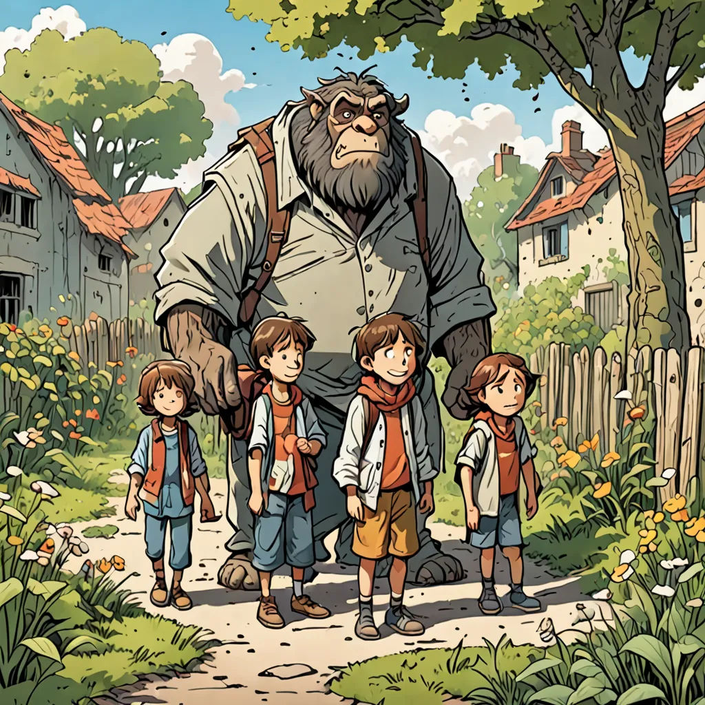 a man with a big beard and a group of children standing in front of him on a path in a village, Diego Gisbert Llorens, furry art, a storybook illustration, comic cover art