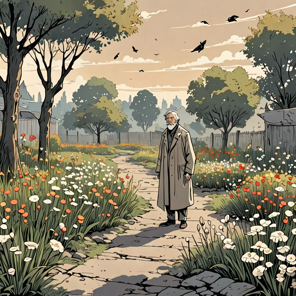 a man walking down a path in a park with flowers and trees on either side of him and a bird flying overhead, Asaf Hanuka, private press, a comic book panel, comic cover art