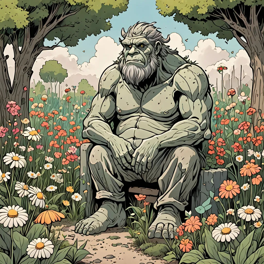 a cartoon of a man sitting in a field of flowers and trees with a giant body of a man, Asaf Hanuka, fantasy art, a character portrait, comic cover art