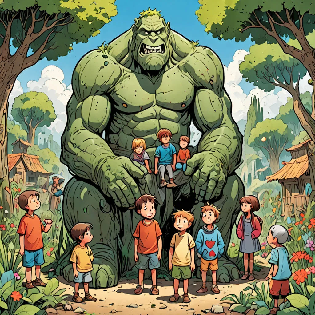 a cartoon of a giant monster surrounded by children in a forest with a man standing on top of it, Asaf Hanuka, process art, a storybook illustration, josan gonzales and dan mumford