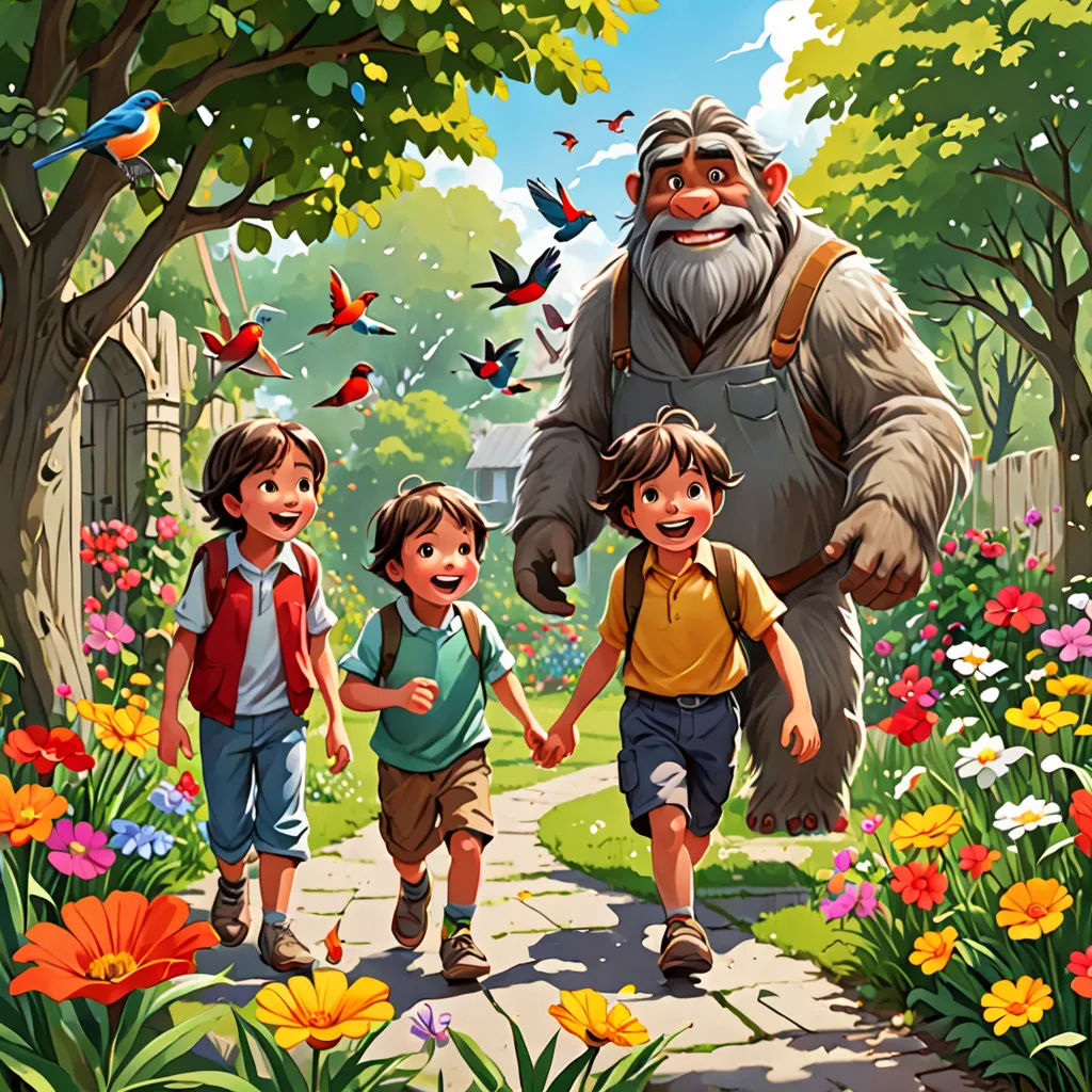 a painting of a man with two children and a bigfoot in the background of a garden with flowers, Chris LaBrooy, furry art, a storybook illustration, promotional image