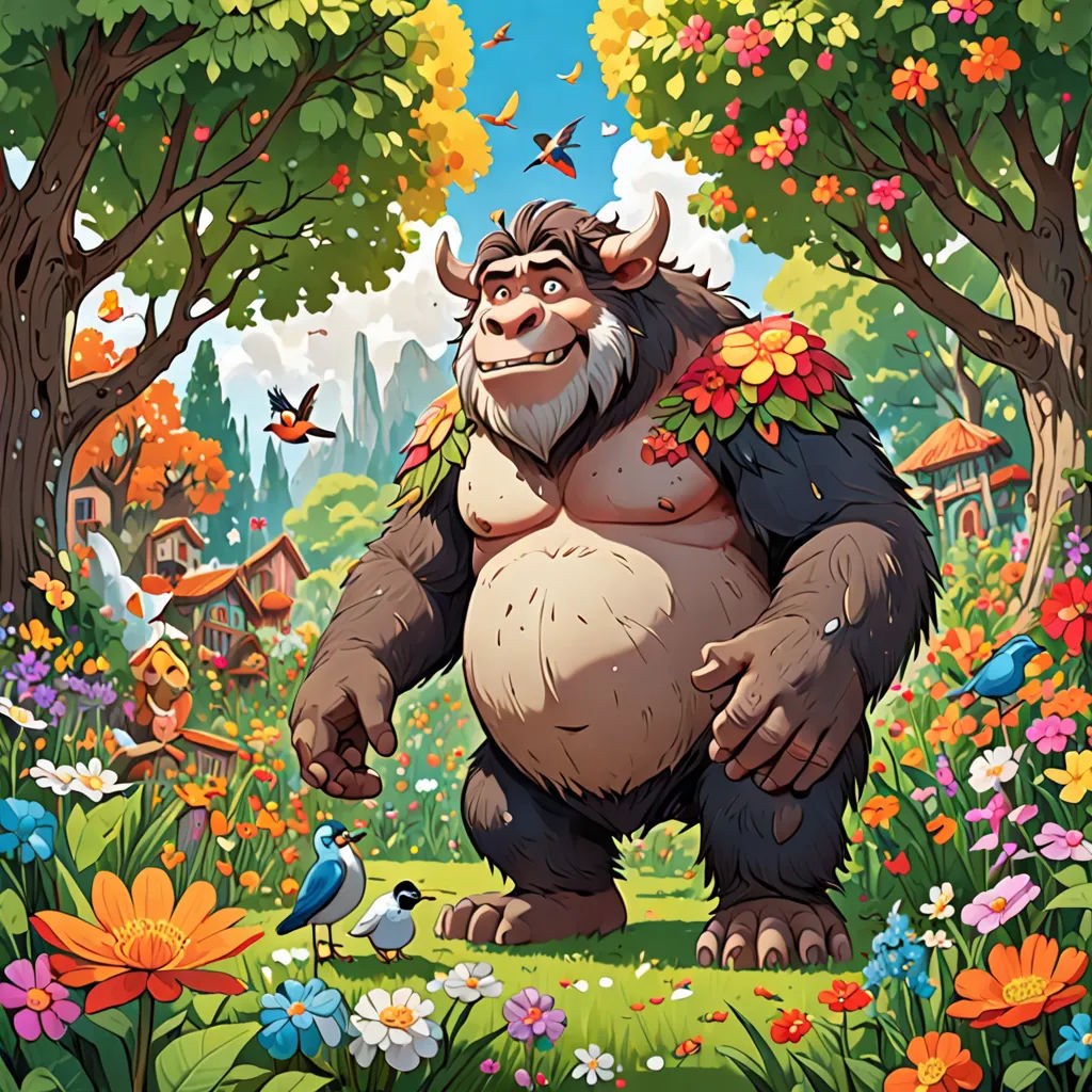 a cartoon gorilla standing in a forest with birds and flowers around him and a bird on the ground nearby, Chris LaBrooy, furry art, a storybook illustration, 2 d game art