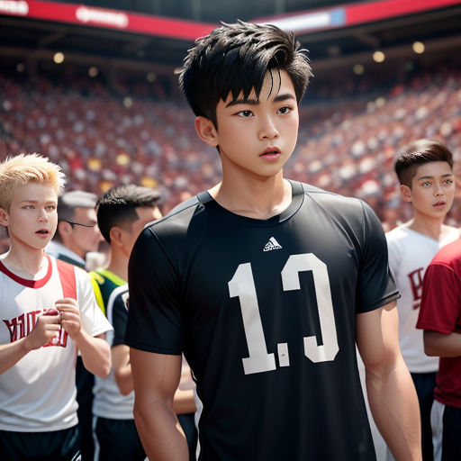 a group of young men standing next to each other in front of a crowd of people in a stadium