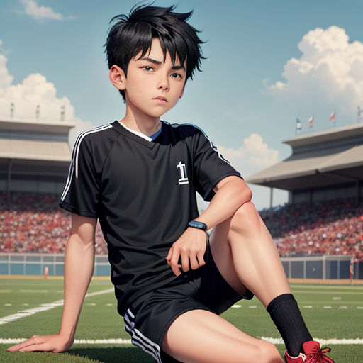 a boy sitting on a soccer field with a soccer ball in his hand and a stadium in the background