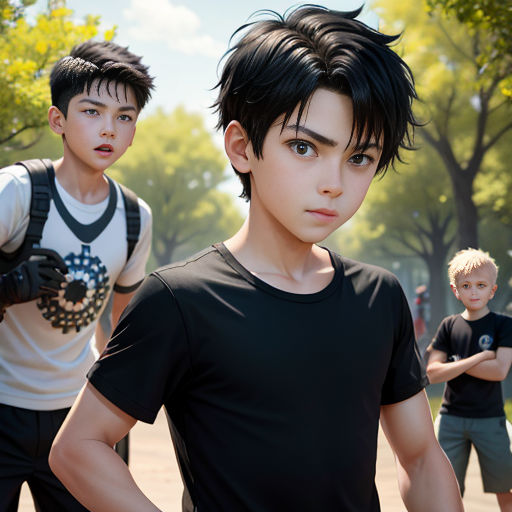 a group of young men standing next to each other on a park path with trees in the background and a boy in the foreground