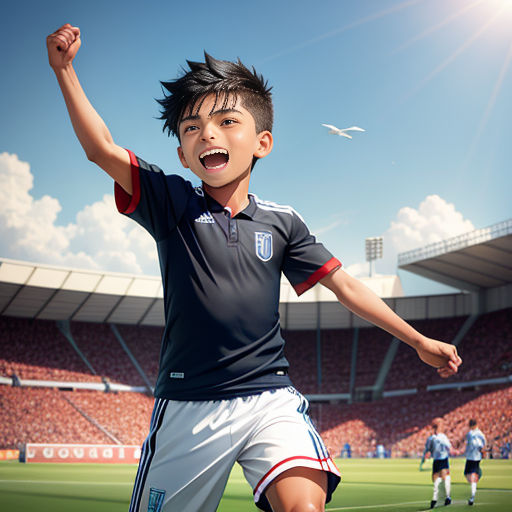 a young boy is excited about a soccer game in a stadium with a bird flying overhead in the sky