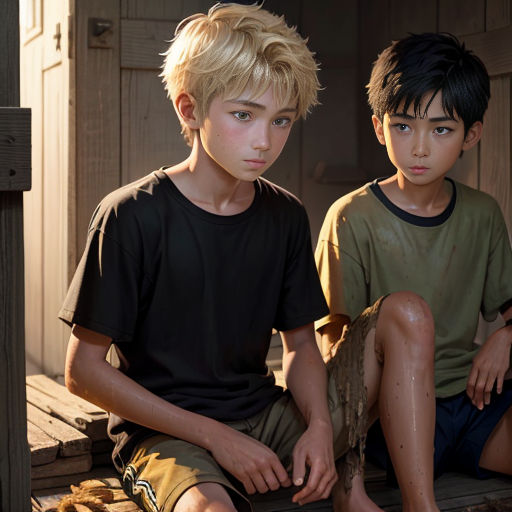 two young boys sitting on a wooden bench together, one of them is looking at the camera and the other is looking at the camera