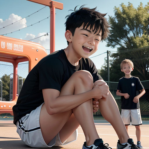 a boy and a boy are sitting on a tennis court and smiling at the camera while another boy stands behind him