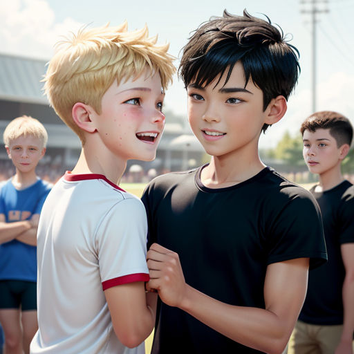 a group of young boys standing next to each other on a field with a ball in the air behind them