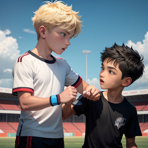 two young boys standing next to each other on a field of a stadium with a sky background and a stadium