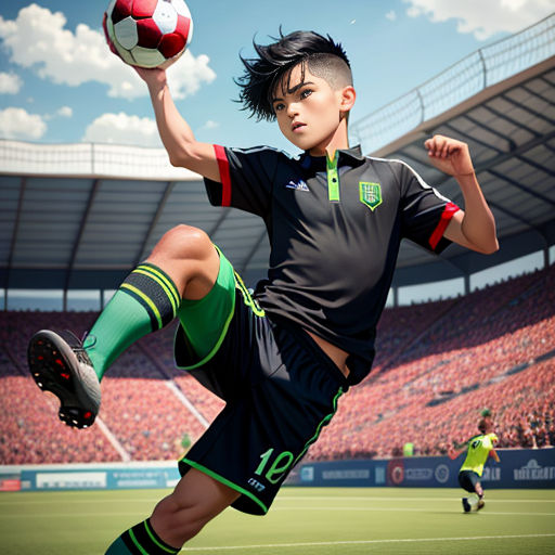 a man kicking a soccer ball on top of a field of people in a stadium with a sky background