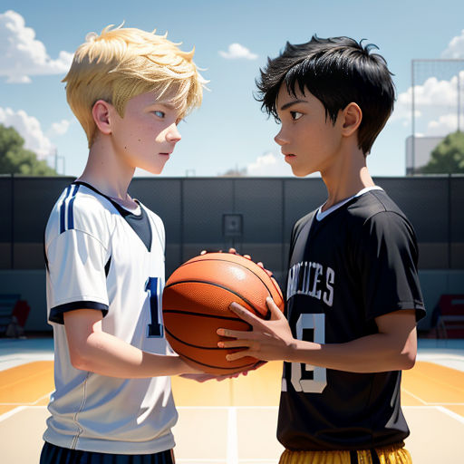 two boys holding a basketball on a court with a sky background and clouds in the background, one boy is holding a basketball