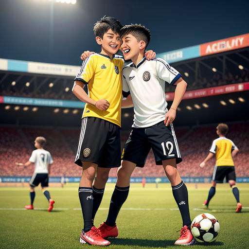 two young boys standing next to each other on a soccer field with a ball in front of them and a stadium in the background