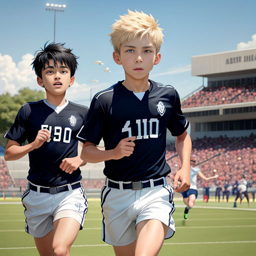 two young boys running on a soccer field in uniforms with numbers on them and a stadium in the background