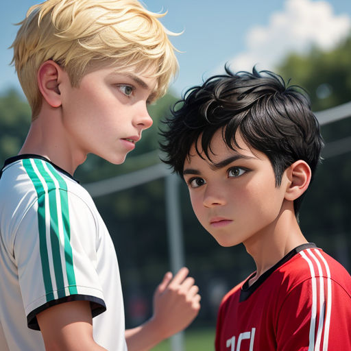 two young boys standing next to each other on a soccer field with a soccer ball in the air behind them