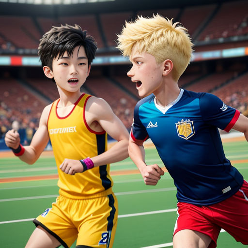 two young boys running on a field in a stadium with a stadium in the background and a stadium full of people