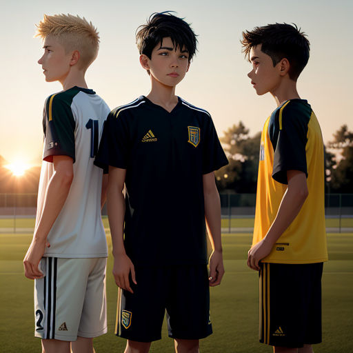 three young men standing on a soccer field at sunset or sunrise, wearing soccer uniforms, with the sun behind them