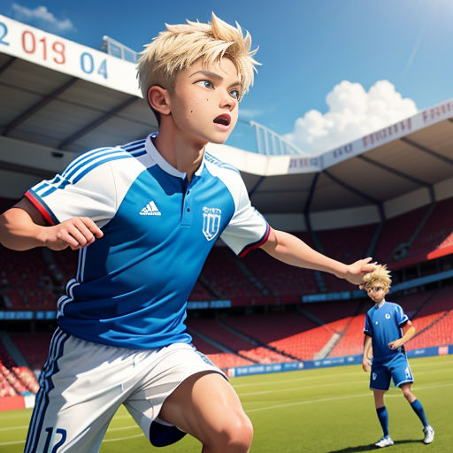 a boy in a blue and white uniform is playing soccer on a field with a ball in his hand