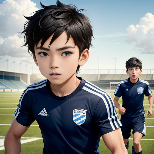 a boy in a soccer uniform is standing on a field with another boy in the background and a soccer ball in the air