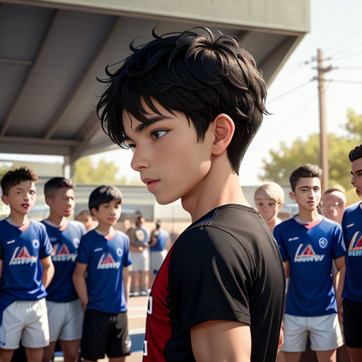 a group of young men standing next to each other in front of a building with a soccer ball in the air
