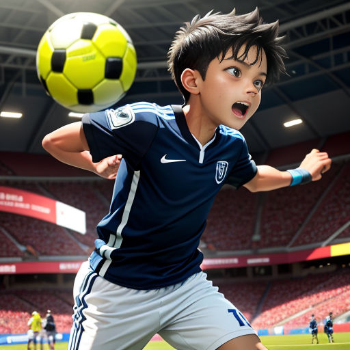 a young boy is kicking a soccer ball in a stadium with a stadium full of people in the background